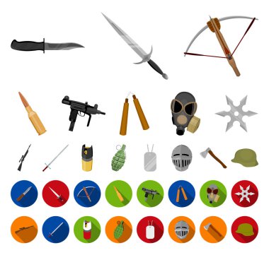 Silah, çeşitli karikatür, set koleksiyonu tasarım için düz simgeler. Ateşli silahlar ve kanatlı silah sembol stok web illüstrasyon vektör.