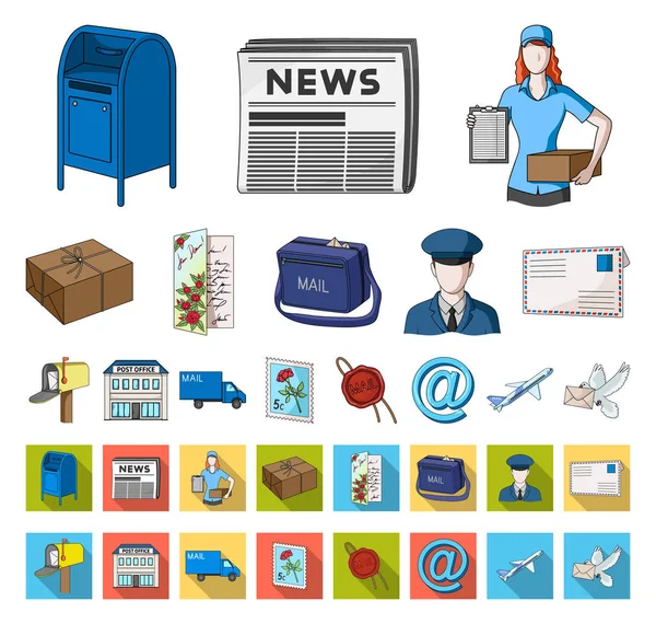 Mail e carteiro desenhos animados, ícones planos em coleção de conjuntos para design. Ilustração web do símbolo do vetor do correio e do equipamento . —  Vetores de Stock