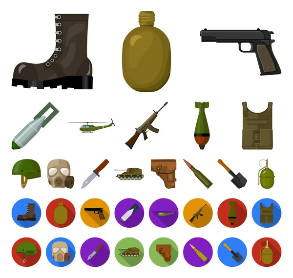 Dibujos animados del ejército y el armamento, iconos planos en la colección de conjuntos para el diseño. Armas y equipo vector símbolo stock web ilustración . — Vector de stock