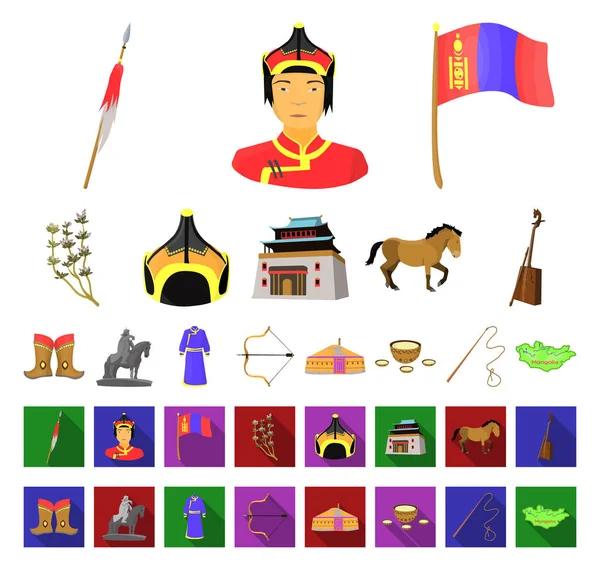 Pays Mongolie dessin animé, des icônes plates dans la collection set pour le design.Territory et symbole vectoriel emblème stock illustration web . — Image vectorielle