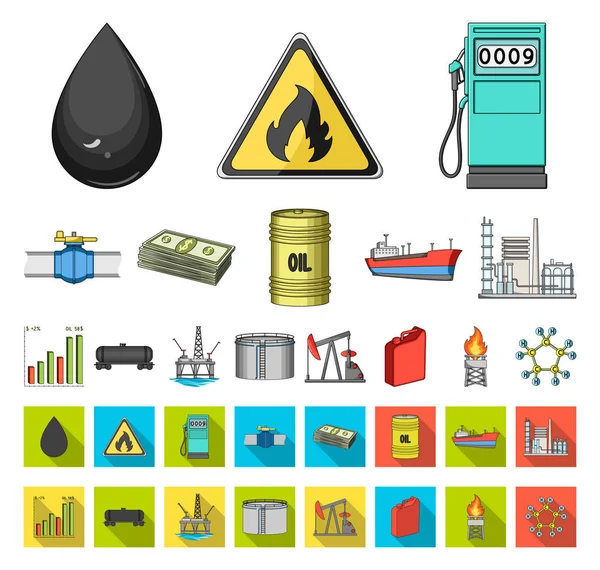 Cartone animato industria petrolifera, icone piatte nella collezione set per il design. Attrezzature e produzione di petrolio vettoriale simbolo stock web illustrazione . — Vettoriale Stock