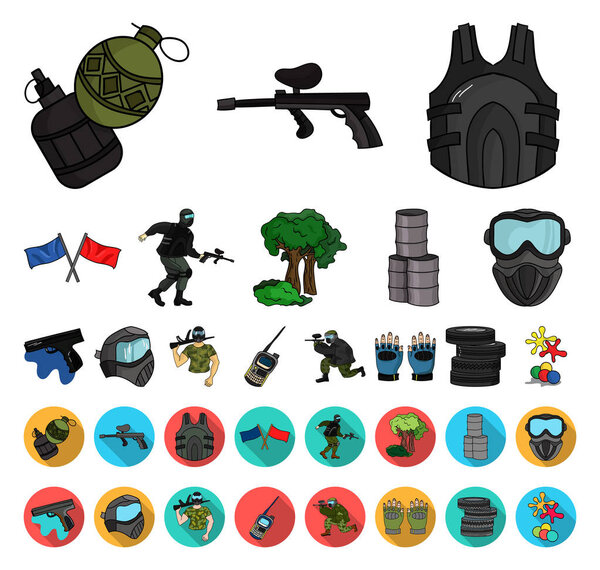 Paintball, team game cartoon,flat icons in set collection for design. Equipment and outfit vector symbol stock web illustration.