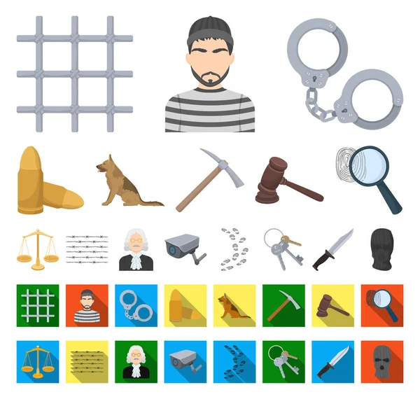 Gevangenis en de criminele tekenfilm, plat pictogrammen in set collectie voor design. Gevangenis en kenmerken vectorillustratie symbool voorraad web. — Stockvector