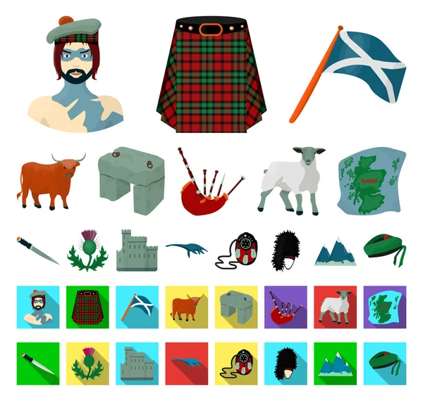 País Escócia desenhos animados, ícones planos em coleção de conjuntos para design. Visitas guiadas, cultura e tradição símbolo vetorial ilustração web . — Vetor de Stock