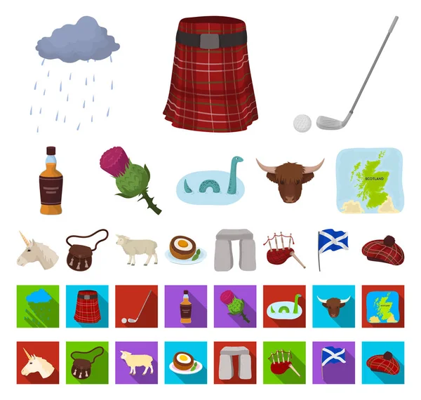 País Escocia dibujos animados, iconos planos en la colección de conjuntos para el diseño. Turismo, cultura y tradición vector símbolo stock web ilustración . — Vector de stock