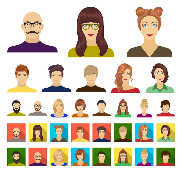 Avatar ve yüz çizgi film, düz simgeler toplama tasarımı için ayarlayın. Bir kişi görünümü vektör simge stok web çizim.