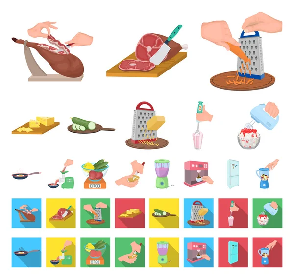 Cooking food cartoon, flat icons in set collection for design. Кухня, оборудование и инструменты векторные символы веб-иллюстрация . — стоковый вектор