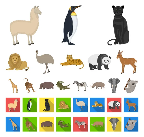 Diferentes animales de dibujos animados, iconos planos en la colección de conjuntos para el diseño. Pájaro, depredador y herbívoro vector símbolo stock web ilustración . — Vector de stock