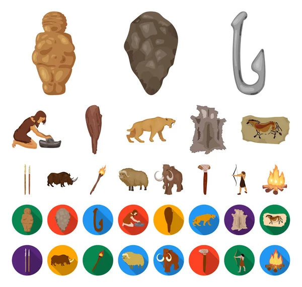 Dibujos animados Life in the Stone Age, iconos planos en la colección de conjuntos para el diseño. Antigua gente vector símbolo stock web ilustración . — Vector de stock