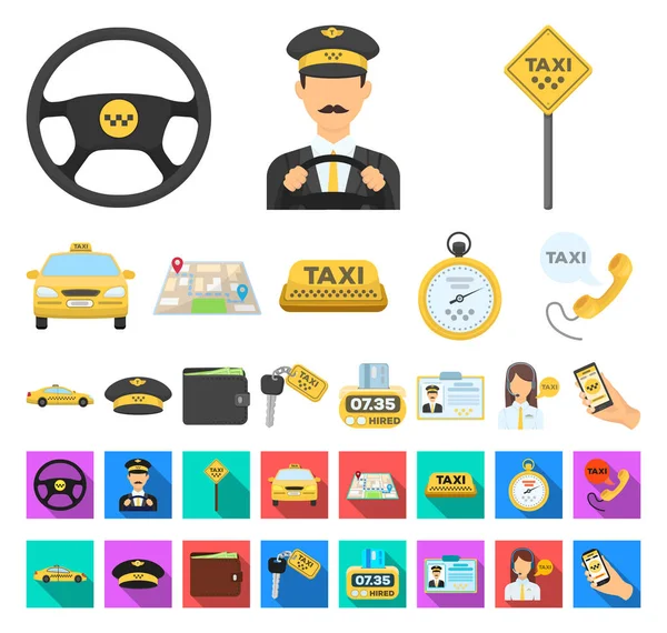 Serviço de táxi desenhos animados, ícones planos em coleção de conjuntos para design. Taxista e vetor de transporte símbolo web ilustração . —  Vetores de Stock