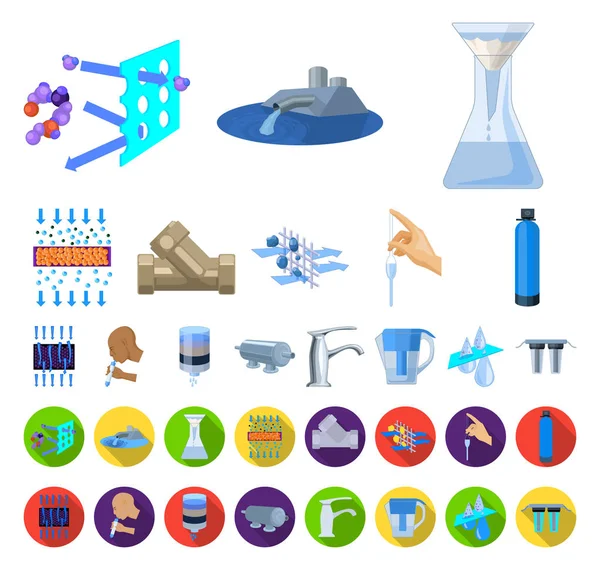 Desenhos animados do sistema de filtragem de água, ícones planos na coleção de conjuntos para design. Equipamento de limpeza símbolo vetorial ilustração web . — Vetor de Stock