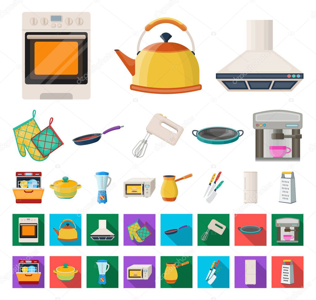 Kitchen equipment cartoon,flat icons in set collection for design. Kitchen and accessories vector symbol stock  illustration.