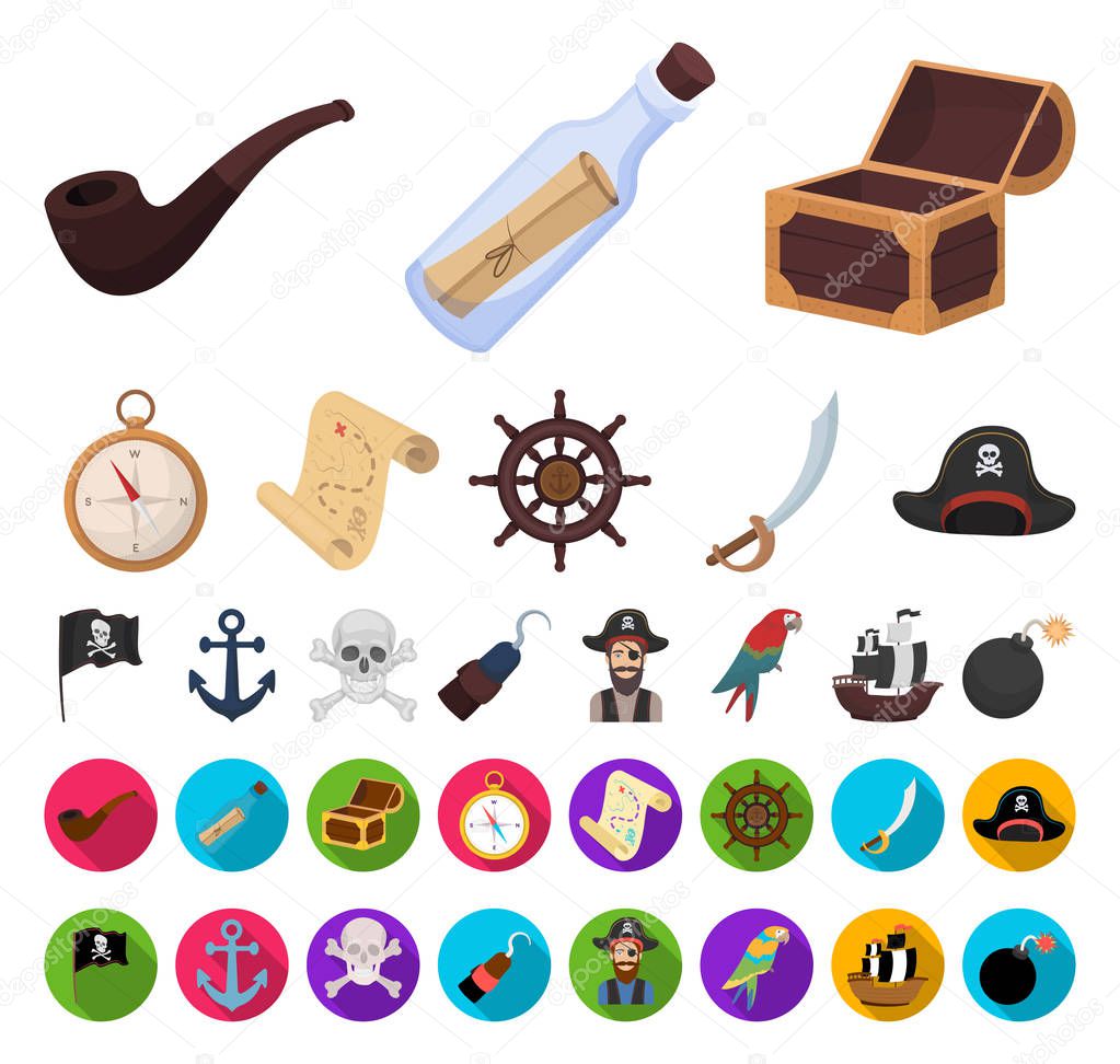 Pirate, sea robber cartoon,flat icons in set collection for design. Treasures, attributes vector symbol stock web illustration.