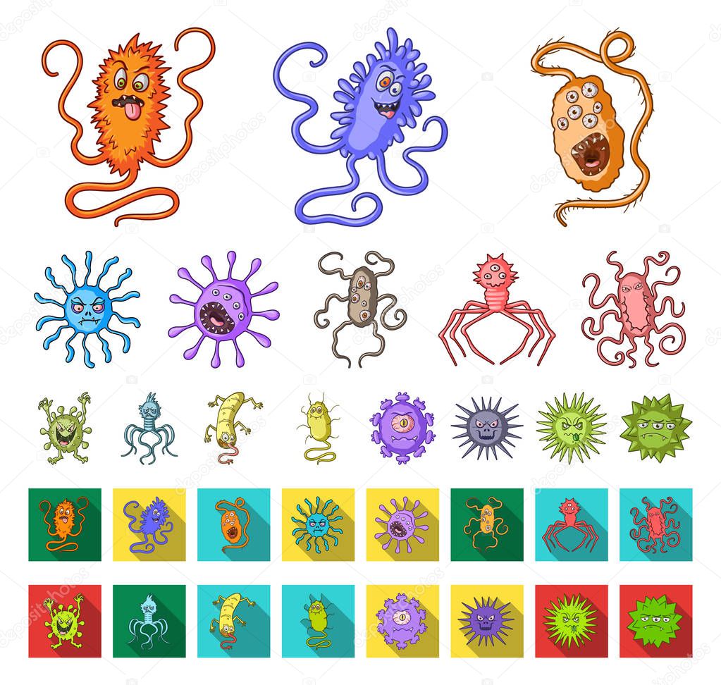 Types of funny microbes cartoon,flat icons in set collection for design. Microbes pathogenic vector symbol stock web illustration.