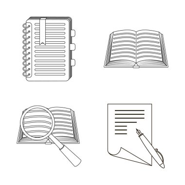 Kitap ve açık logo vektör çizimi. Hisse senedi vektör çizim kalem ve kitap koleksiyonu.