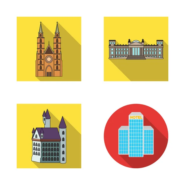 Ilustración vectorial de edificio y letrero de ciudad. Conjunto de edificio y símbolo de stock de negocio para web . — Vector de stock