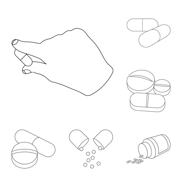 Ilustración vectorial de píldora y símbolo de medicina. Conjunto de píldora y vitamina símbolo de stock para web . — Vector de stock