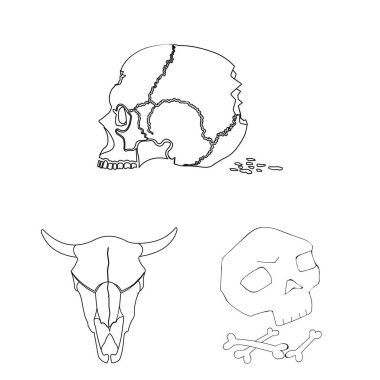 İskelet ve karakter simge vektör tasarımı. İskelet ve Cadılar Bayramı hisse senedi vektör çizim seti.