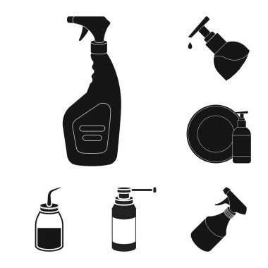 Püskürtücü ve sıvı simgesi yalıtılmış nesne. Püskürtücü ve pestisit hisse senedi vektör çizim koleksiyonu.