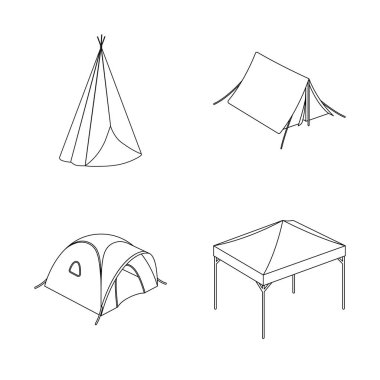 Çadır ve kamp logo yalıtılmış nesne. Hisse senedi için çadır ve orman vektör simge kümesi.