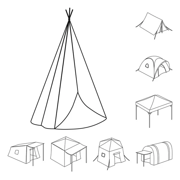 Objet isolé de tente et logo du camp. Ensemble de tente et symbole de stock forestier pour toile . — Image vectorielle
