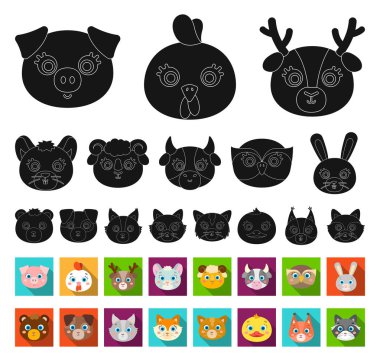 Ağızlıklar set koleksiyonu tasarım için hayvan siyah, düz simgeler. Yerli ve vahşi hayvanlar sembol stok web illüstrasyon vektör.