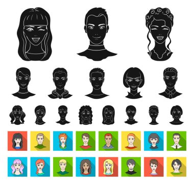 Avatar ve yüz siyah, düz simgeler set koleksiyonu tasarım için. Bir kişi görünümü vektör simge stok web çizim.