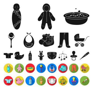 Bir bebek siyah, düz simgeler kümesi koleksiyonundaki Doğum tasarım için. Sembol stok web illüstrasyon vektör yeni doğan ve aksesuarları.