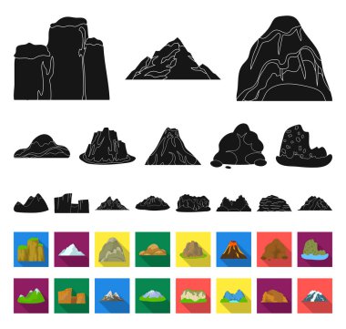 Set koleksiyonu tasarım için farklı dağlar siyah, düz simgeler. Dağlar ve yatay sembol stok web illüstrasyon vektör.