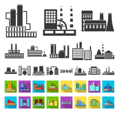 Fabrika ve tesisleri siyah, düz simgeler set koleksiyonu tasarım için. Sembol stok web illüstrasyon vektör fabrikası ve donanımları.