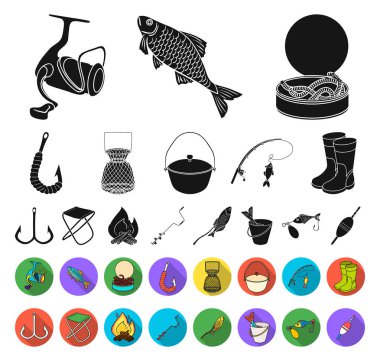 Balık tutma ve geri kalan siyah, düz simgeler set koleksiyonu tasarım için. Vektör simge stok web illüstrasyon Balık tutma için mücadele.
