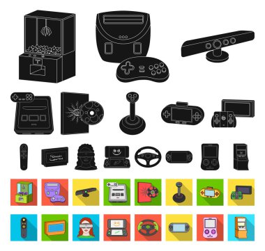 Oyun konsolu ve set koleksiyonu tasarım için sanal gerçeklik siyah, düz simgeler. Oyun gadget'lar sembol stok web illüstrasyon vektör.