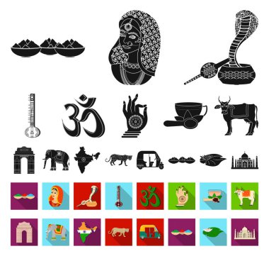 Ülke Hindistan siyah, düz simgeler set koleksiyonu tasarım için. Hindistan ve dönüm noktası sembol stok web illüstrasyon vektör.