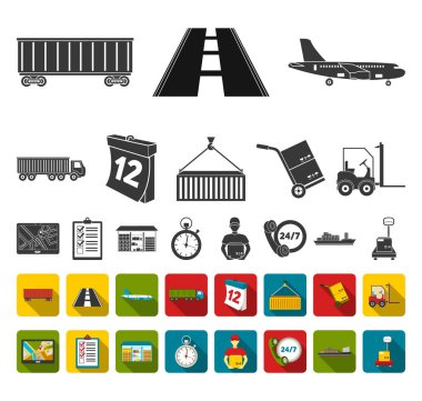 Lojistik hizmet set koleksiyonu tasarım için siyah, düz simgeler. Lojistik ve ekipman sembol stok web illüstrasyon vektör.