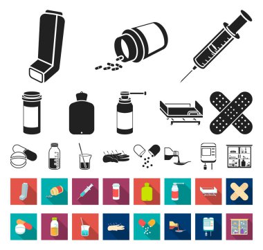 İlaç ve tedavi siyah, düz simgeler set koleksiyonu tasarım için. Tıp ve ekipman sembol stok web illüstrasyon vektör.