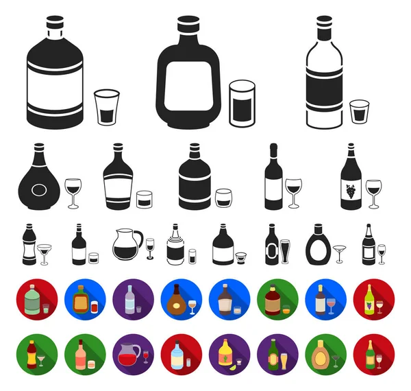 Rodzaje alkoholu czarne, płaskie ikony w kolekcja zestaw do projektowania. Alkohol butelek wektor symbol akcji web ilustracji. — Wektor stockowy