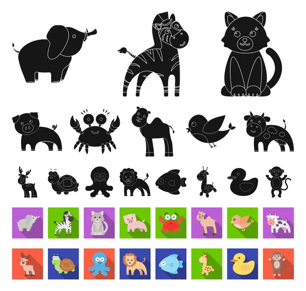 Nerealistické černá, plochá zvířat ikony v sada kolekce pro design. Hračka zvířata vektorové ilustrace symbolů akcií web. — Stockový vektor