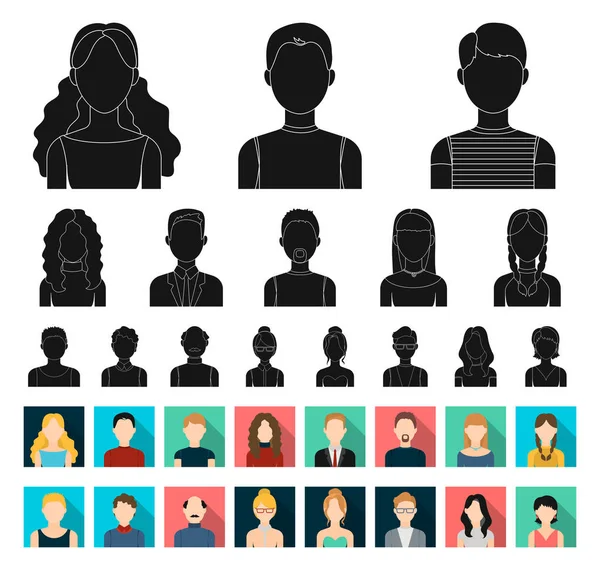 Avatar och ansikte svart, platt ikoner i set insamling för design. En personer utseende vektor symbol lager web illustration. — Stock vektor