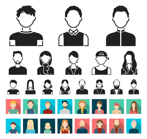 Avatar und Gesicht schwarz, flache Symbole in Set-Kollektion für Design. eine Person Aussehen Vektor Symbol Stock Web Illustration. — Stockvektor