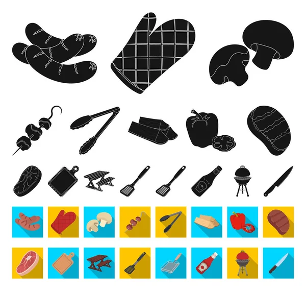 Барбекю та обладнання чорні, плоскі піктограми в наборі колекції для дизайну. Пікнік і смажена їжа Векторний символ стоковий веб-ілюстрація . — стоковий вектор
