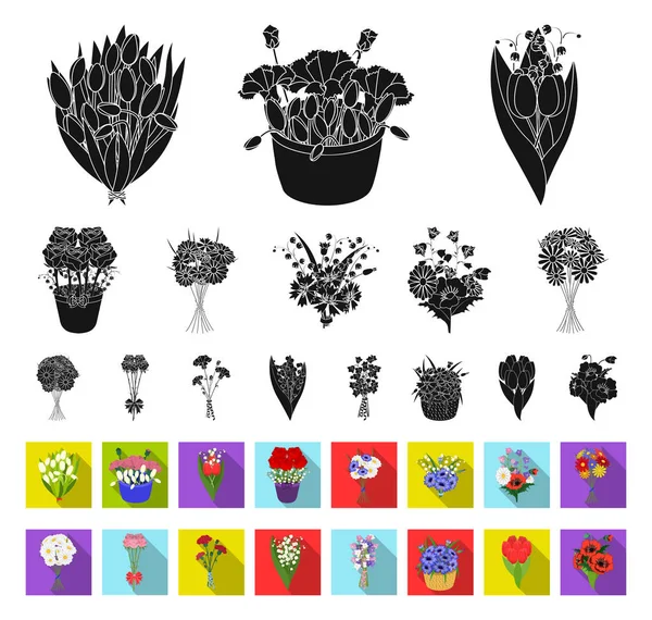 Un ramo de flores frescas negro, iconos planos en la colección de conjuntos para el diseño. Varios ramos vector símbolo stock web ilustración . — Archivo Imágenes Vectoriales