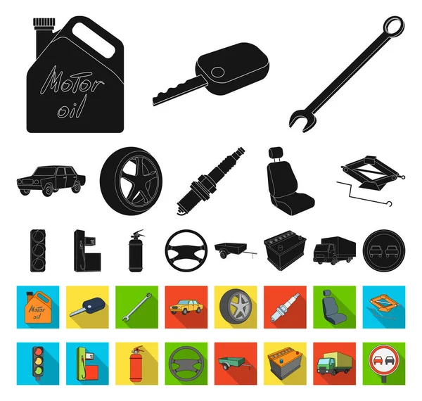 Carro, veículo preto, ícones planos na coleção de conjuntos para design. Ilustração web do símbolo do vetor do carro e do equipamento . —  Vetores de Stock