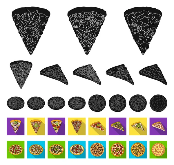 Différentes pizzas noires, des icônes plates dans la collection ensemble pour le design.Pizza nourriture vecteur symbole illustration web stock . — Image vectorielle