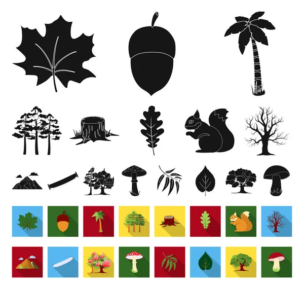 Bos en natuur zwart, plat pictogrammen in set collectie voor design. Bos leven vectorillustratie symbool voorraad web. — Stockvector