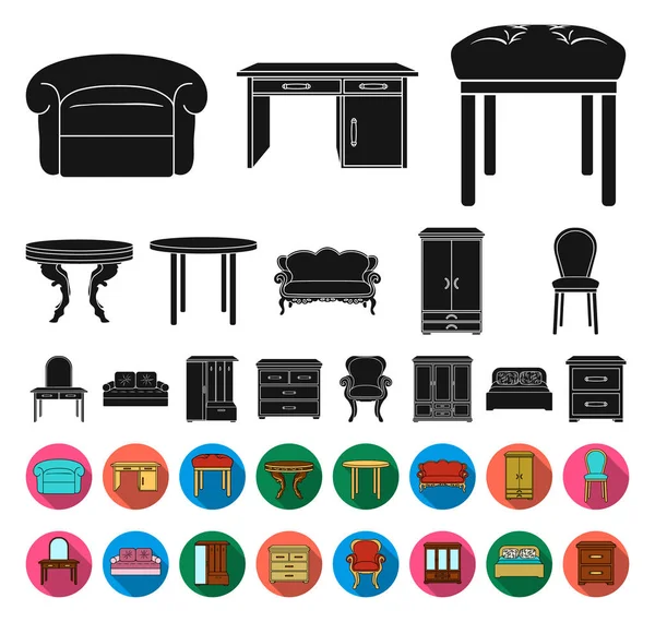 Mobilya ve enteriyör siyah, düz simgeler set koleksiyonu tasarım için. Ev mobilyaları vektör simge stok web çizimi.