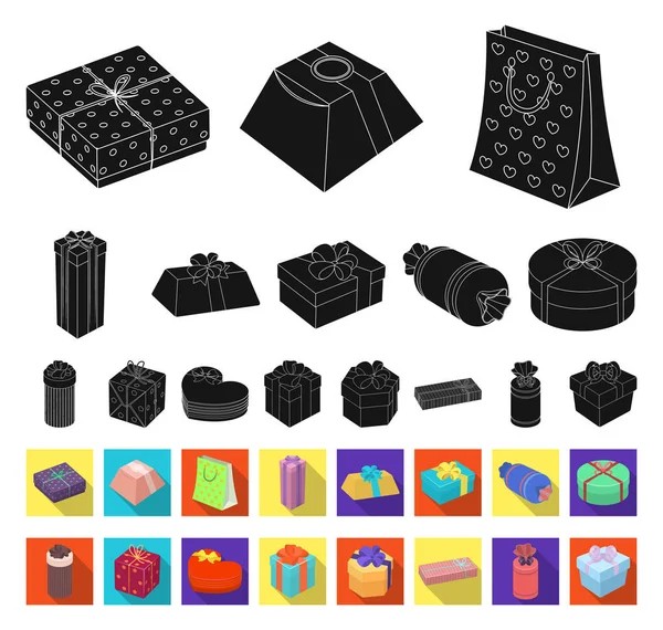 Regalo y embalaje negro, iconos planos en la colección del sistema para la ilustración de la tela del vector del embalaje del diseño. . — Vector de stock