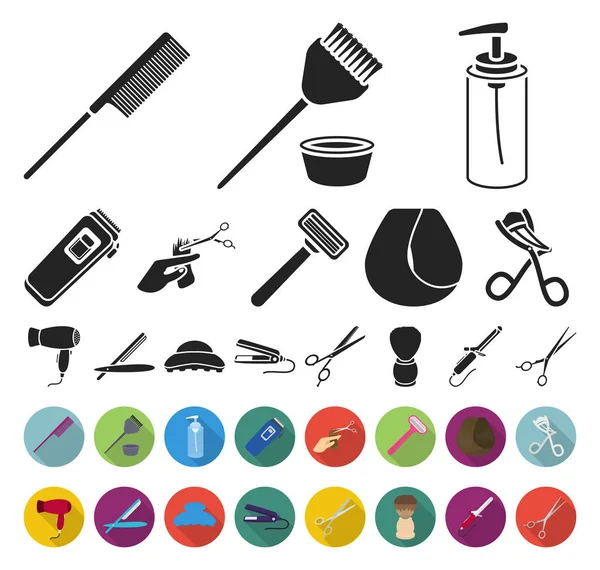 Peluquería y herramientas negro, iconos planos en la colección de conjuntos para design.Profession peluquería vector símbolo stock web ilustración . — Vector de stock