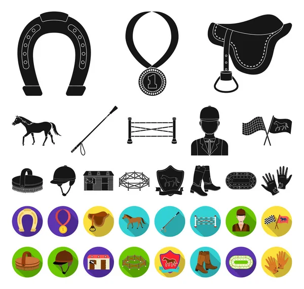 Ippodromo e cavallo nero, icone piatte in collezione set per il design. Cavallo da corsa e attrezzature vettoriale simbolo stock web illustrazione . — Vettoriale Stock