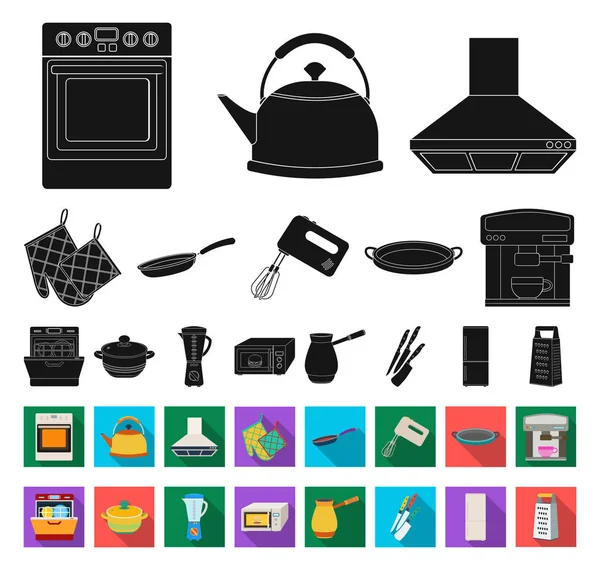 Kuchnia wyposażenie czarne, płaskie ikony w kolekcja zestaw do projektowania. Kuchnia i akcesoria symbol web czas ilustracja wektorowa. — Wektor stockowy