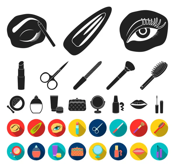 Make-up a kosmetiku černá, ploché ikony v kolekce sady pro design. Make-up a zařízení symbol akcií webové vektorové ilustrace. — Stockový vektor